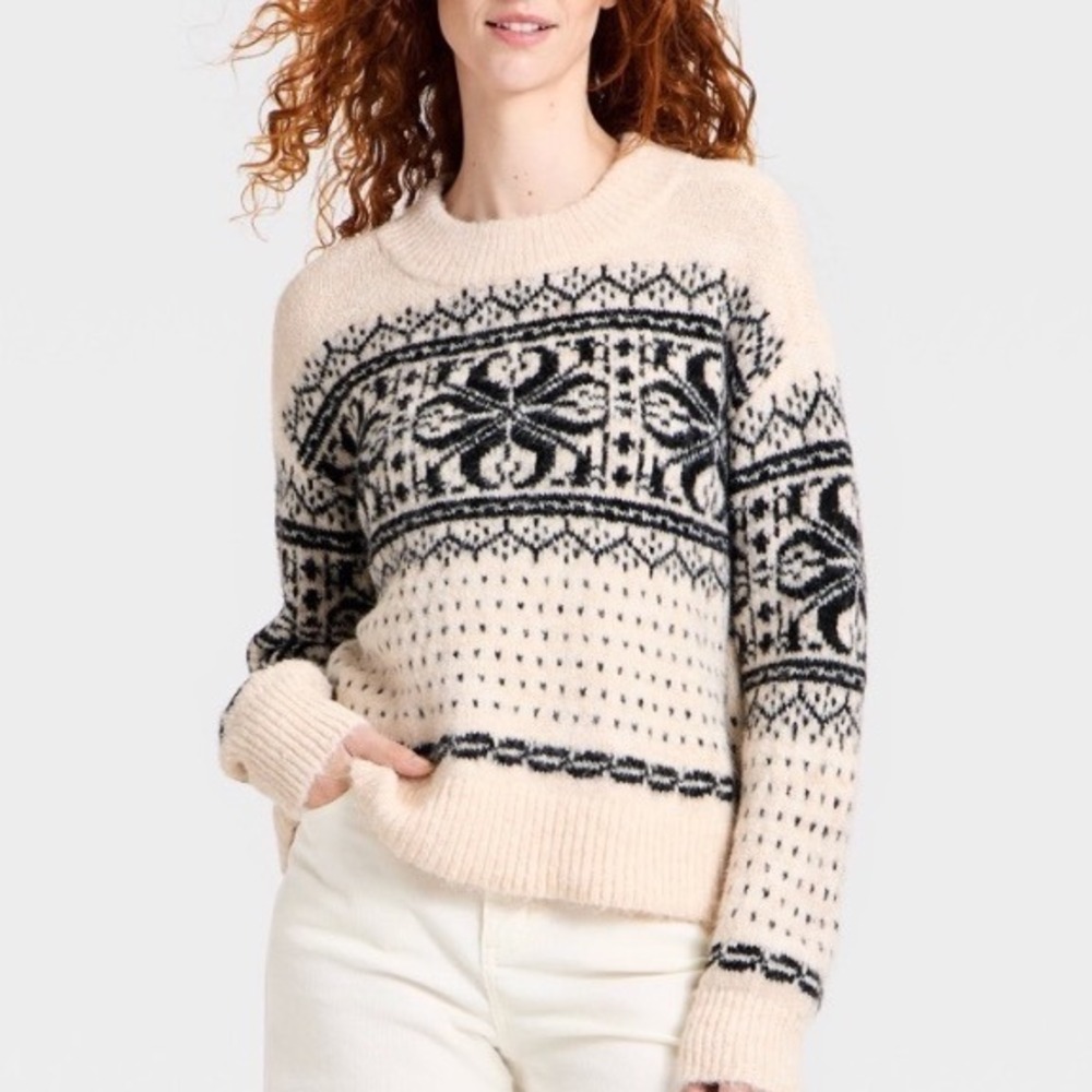 Universal Thread Womens Fair Isle Crewneck Sweater Cream Black XL NEW